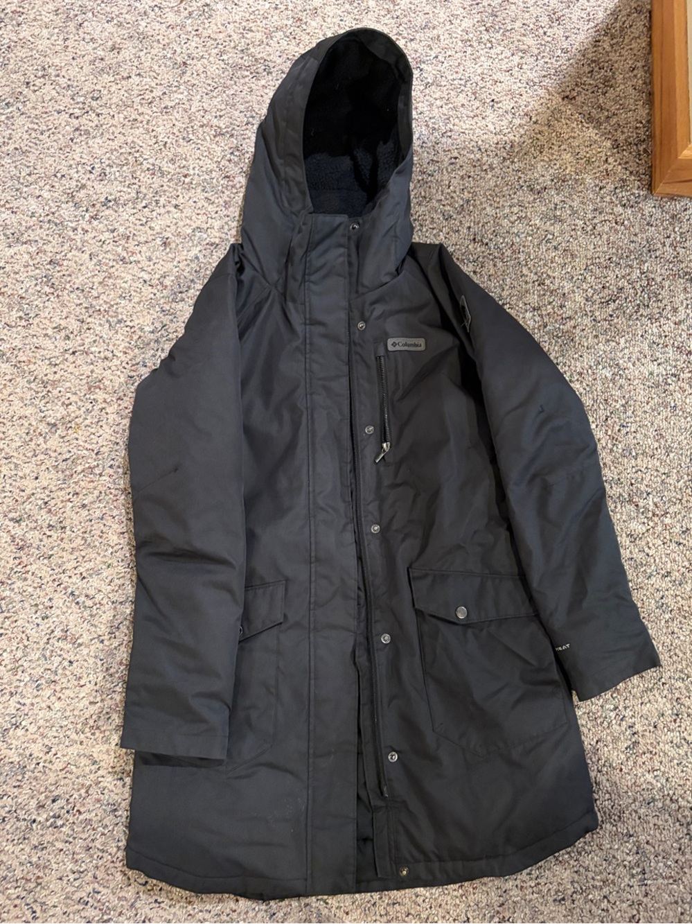 Columbia Black Long Parka with Faux Fur Hood